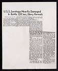 Newspaper article (continued, of June 15th) headlined: "U.S.S. Saratoga Heavily Damaged In Battle Off Iwo, Navy Reveals" and story documenting Japanese attack at Iwo Jima in Feb (1945), 